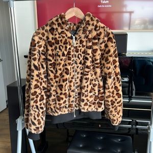 Faux fur leopard print zip up hooded bomber jacket